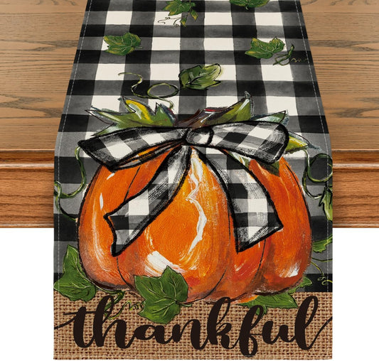 Artoid Mode Buffalo Plaid Bowknot Pumpkin Thankful Fall Table Runner, Autumn Thanksgiving Kitchen Dining Table Decoration for Home Party Decor 13x60 Inch