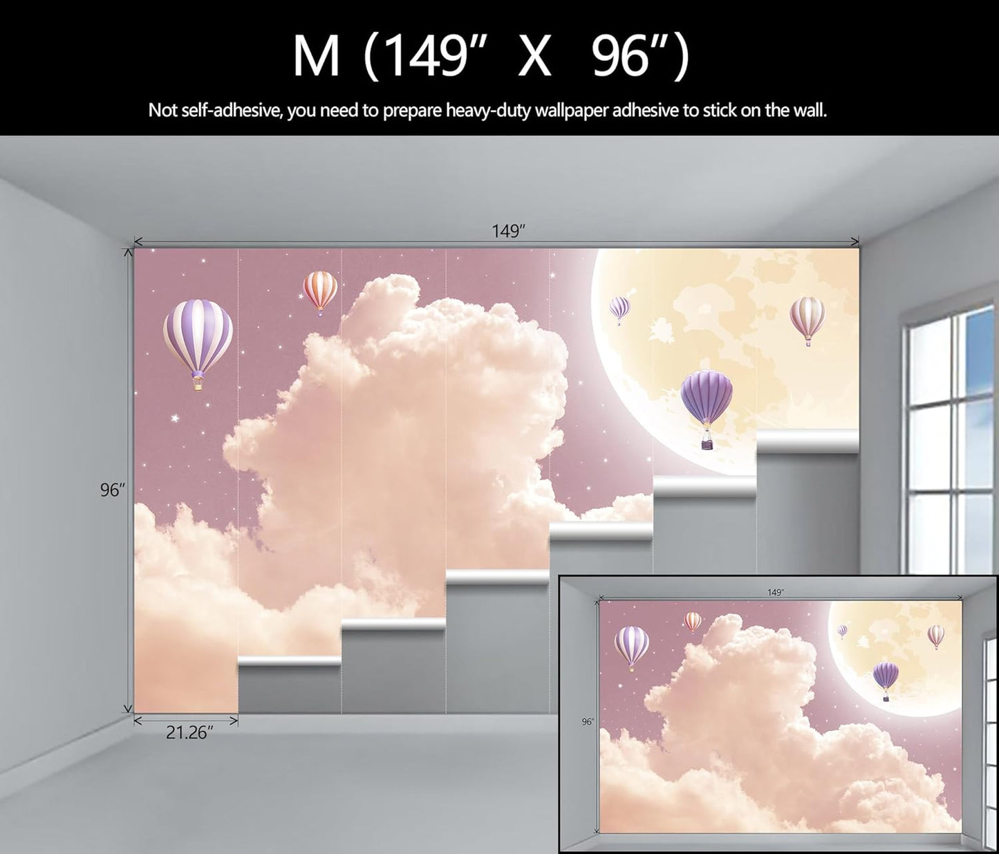 Pink and Purple Clouds Wallpaper Hand-Painted Hot Air Balloons Moon Wall Mural for Children's Room Girls Room (Not Peel and Stick)