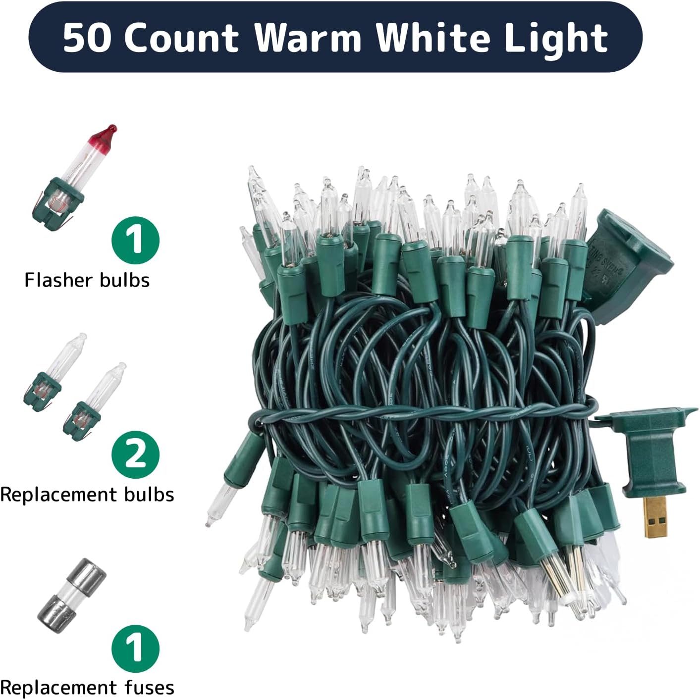 PREXTEX 50 Count Clear Christmas Tree Lights - 10 ft Warm Fairy String Lights with Green Wire - Indoor and Outdoor Mini Light for Christmas, Holiday Decorations, Trees, Fences, Patios and More