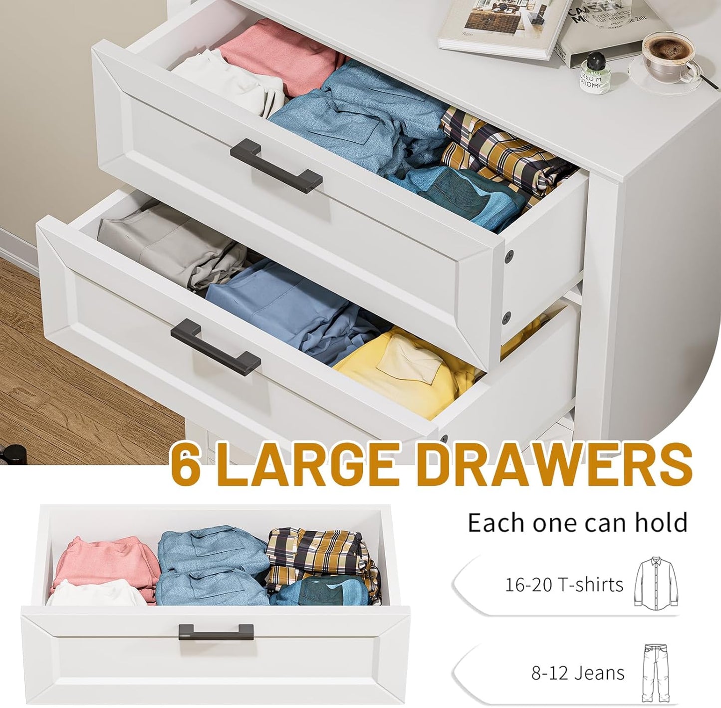 White 6 Drawer Dresser, 55 Inch Tall White Dresser for Bedroom, Modern Farmhouse Style Chest of Drawers for Bedroom Living Room, Wood Rustic Tall Clothing Organizer for Closet, Living Room, Hallway