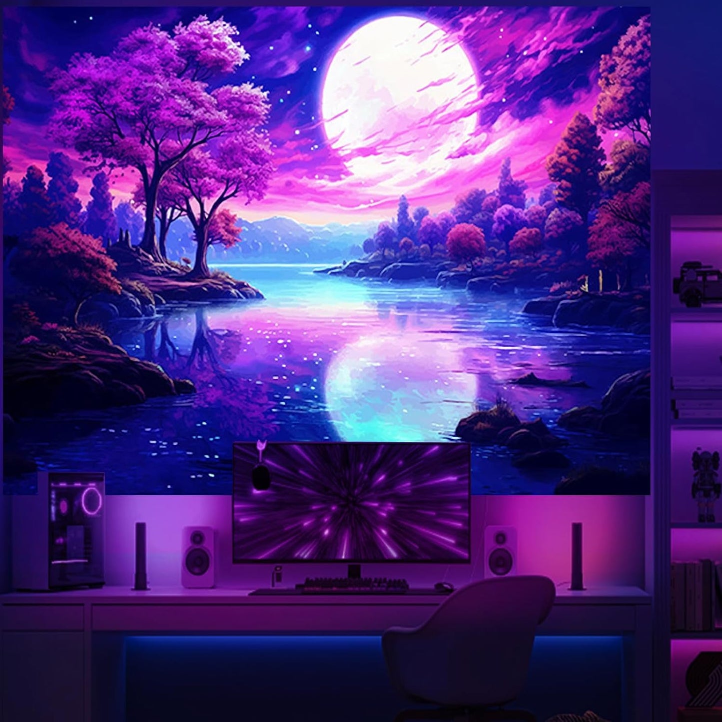 Atrippy Blacklight Pink Tapestry for Bedroom, UV Reactive Mountain Nature Tree Room Decor Wall Tapestries, Moon Landscape Forest Backdrop for Living Room Dorm Office 40" X 60"