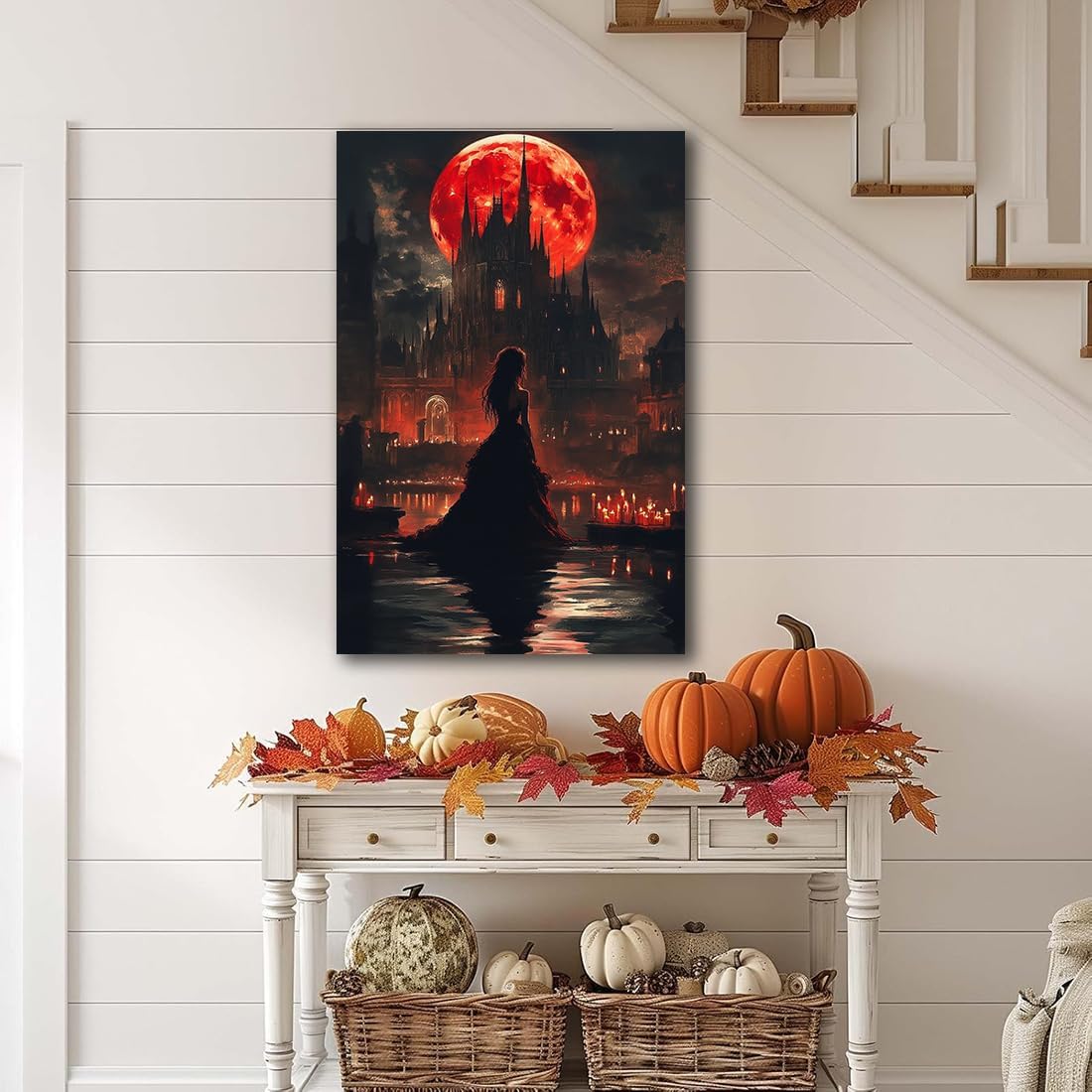 Halloween Witch Poster Canvas Prints Art Vintage Decor,Red Castle Blood Moon and Witch Scene Gothic Painting,Rustic Dark Academia Wall Art for Bathroom Spooky Living Room Wall Decor,24"x36" Unframed