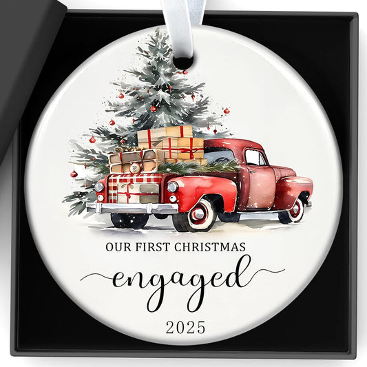 Christmas Ornaments 2025 Our First Christmas Engaged Ornament 2025 Engagement Gifts for Couples Xmas Gifts Newly Engaged Couples Hanging Decorations for Bride to Be Friends 3Inch Ceramic