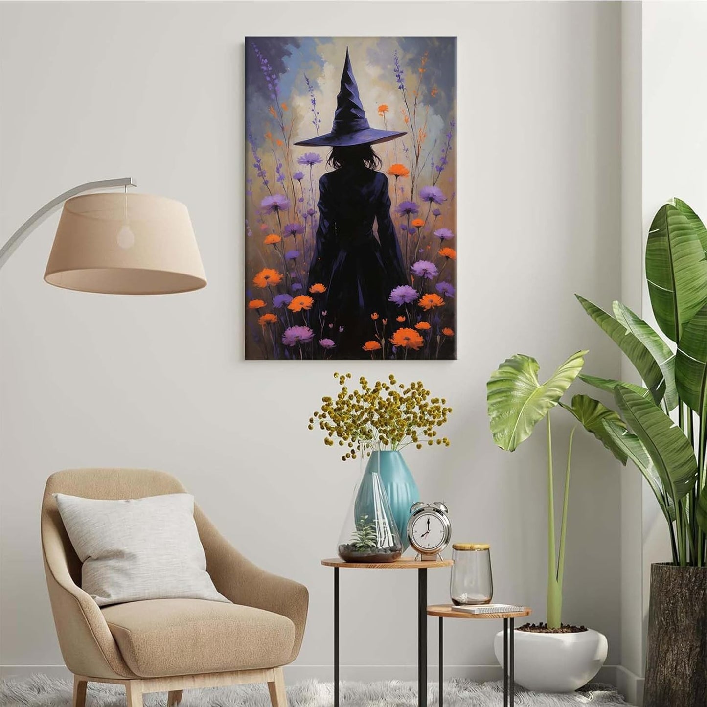 Country wildflower witch canvas print halloween mashup art witch purple decoration bohemian elegant art poster20x30in Wood Framed