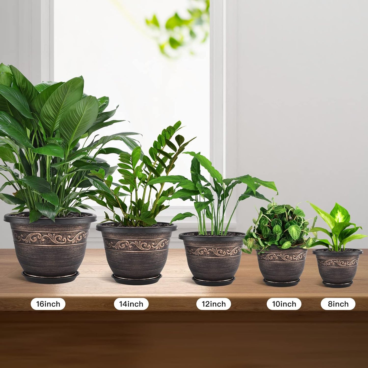 Plastic-Plant-Flower-Planters-16 Inch with Drainage Hole & Saucer, 3 Packs Lightweight Small Resin Flower Pot Indoor Outdoor, Retro Antique Imitation Decorative Garden Containers Sets for Houseplants