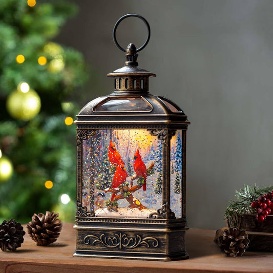 Christmas Snow Globe Water Glittering Cardinal with Music, USB Lined/Battery Operated Lighted Lantern for Christmas Festival Decoration Gifts