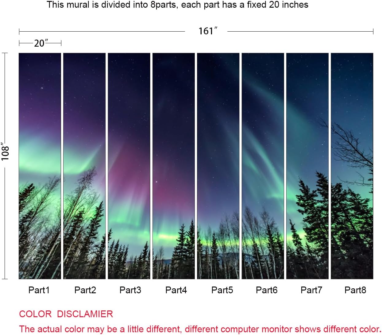 Wall Mural Multicolored Aurora Borealis Forest Night Wallpaper for Bedroom Living Room (Not Peel n' Stick)
