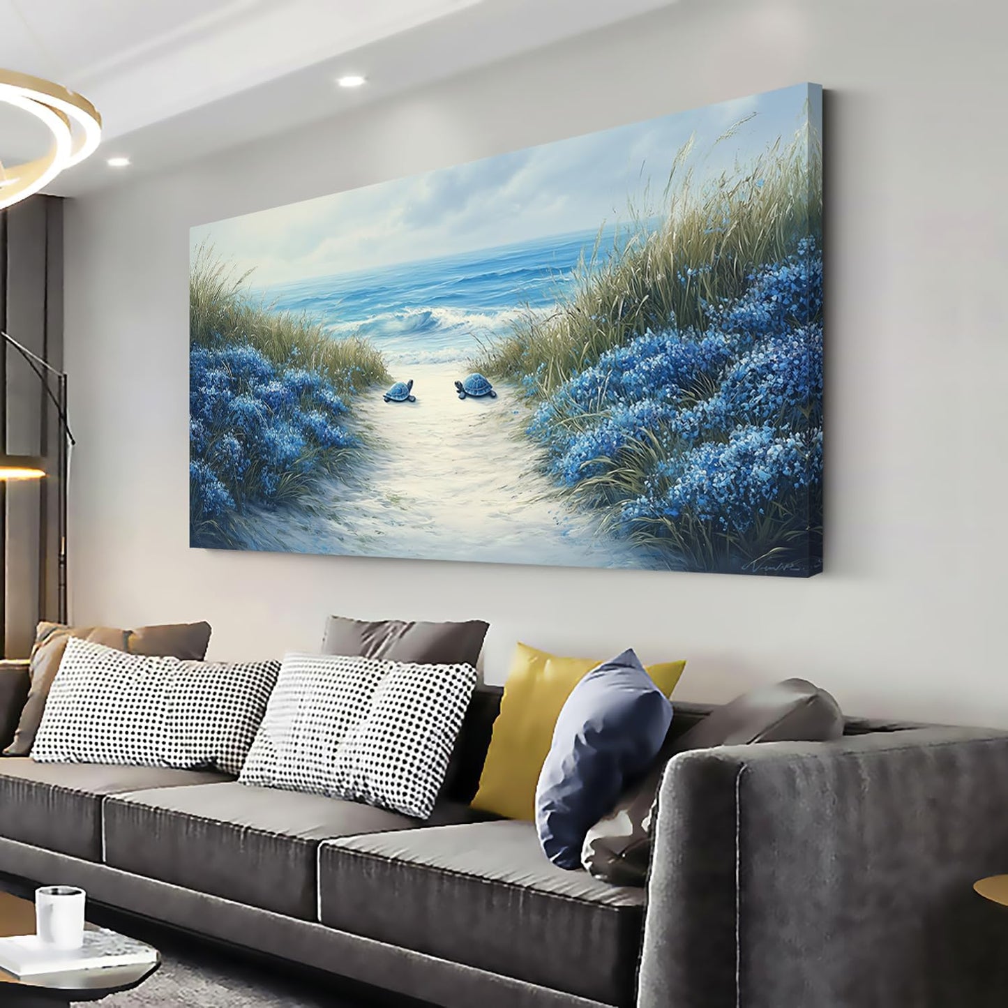 LASMOND Romantic Beach Wall Art for Living Room Blue Sea Turtle Lovers Canvas Painting Prints Ocean Sandy Romance Flowers Large Bedroom Office Decor Artwork (58x28 Inches)