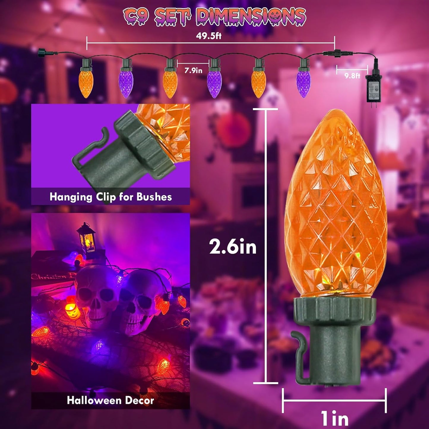 2PK 100 LED Purple and Orange C9 Halloween Lights Indoor Outdoor, Extendable 98FT C9 String Lights with 13 Modes & Timer, Waterproof Plug in Halloween Decorations for Tree Patio Fall Party Garden