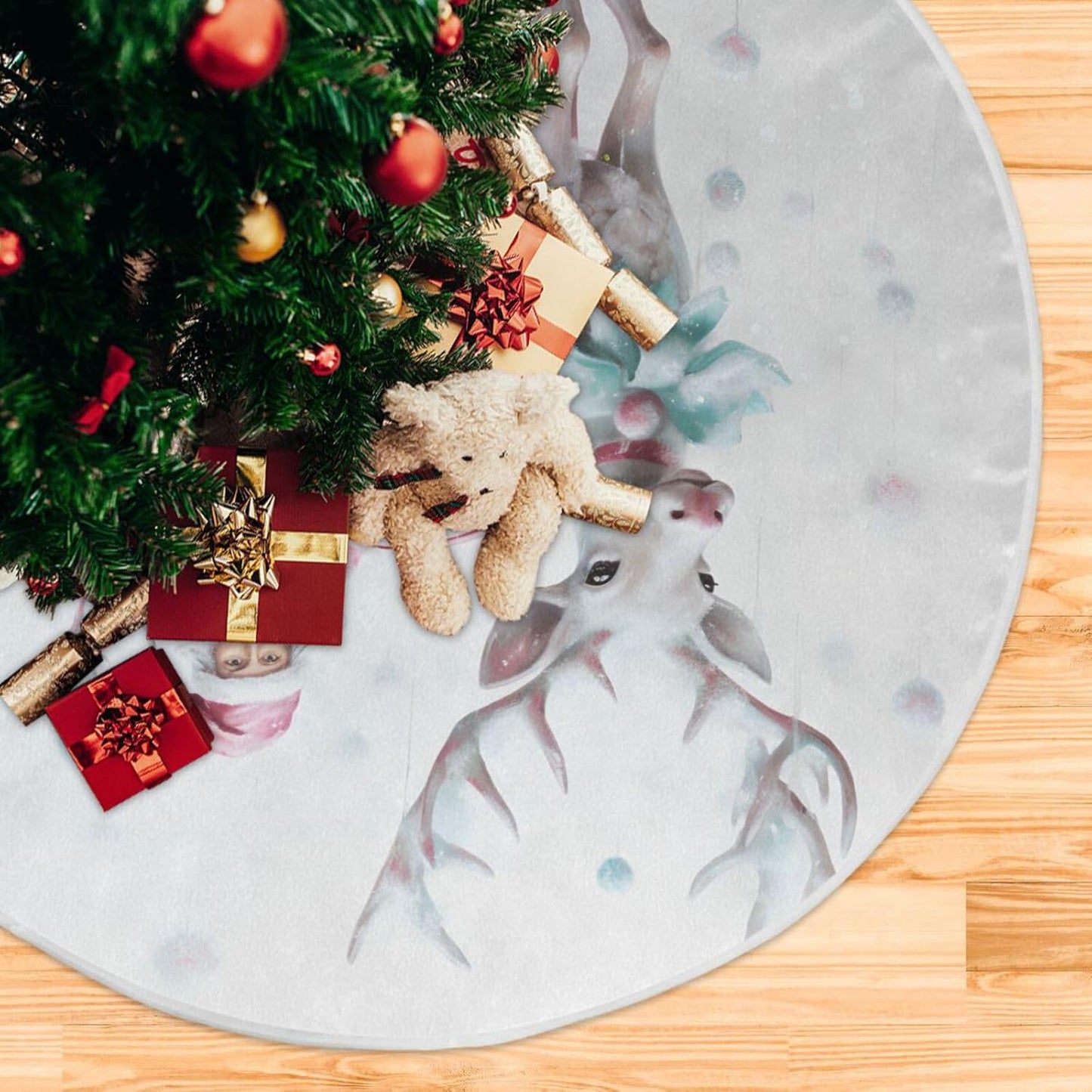 Christmas Tree Skirt - 36 Inch Santa Claus Pink Reindeer Xmas Tree Mat for New Year Party Decorations