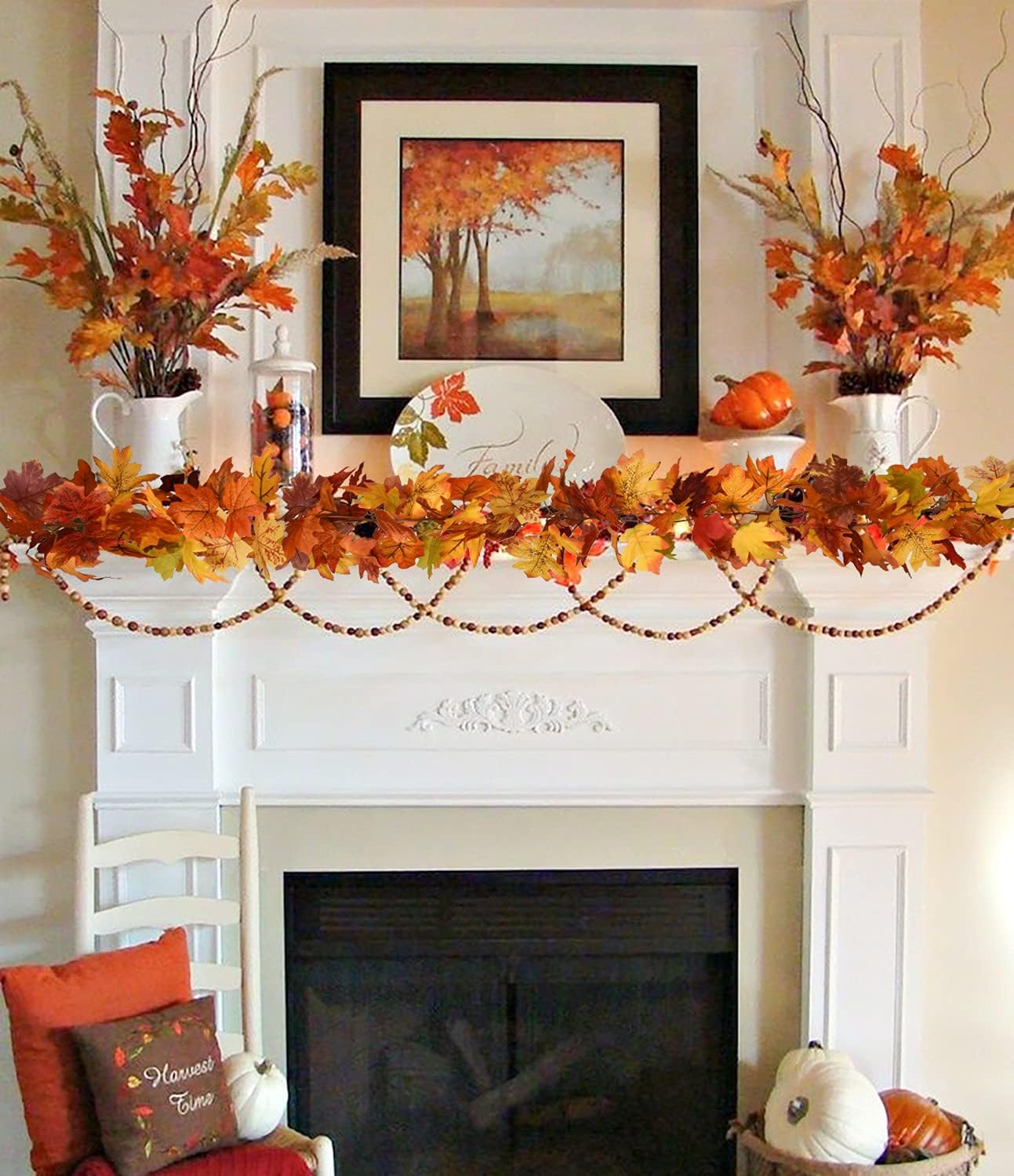 DearHouse 2 Pack Fall Maple Leaf Hanging Vine Garland Artificial Autumn Foliage Thanksgiving Decor for Home Wedding Fireplace Party Christmas (Light Yellow)