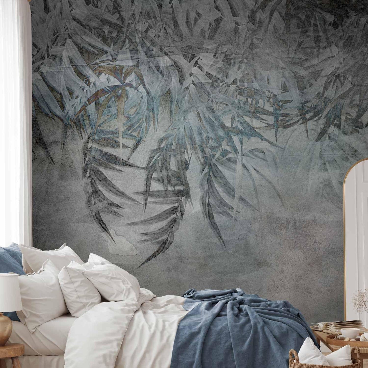 artgeist Wall Mural Leaves 118x83 in - XXL Non-Woven Wallpaper Fleece Wall Decor Photo Print Picture Image Design Palm Leaves Concrete Nature Grey b-C-10103-a-a