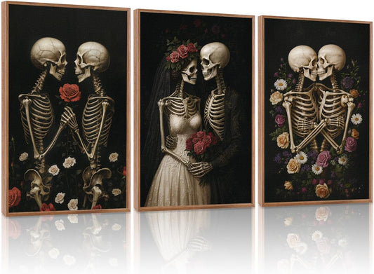 HLNIUC Halloween Rose Wedding Framed Wall Art,Vintage Skeleton Rose Canvas Prints,Abstract Romantic Theme Wall Decor Set of 3(16”x24”)Dark Romance Framed Painting,Roses Skull Art Print for Living Room