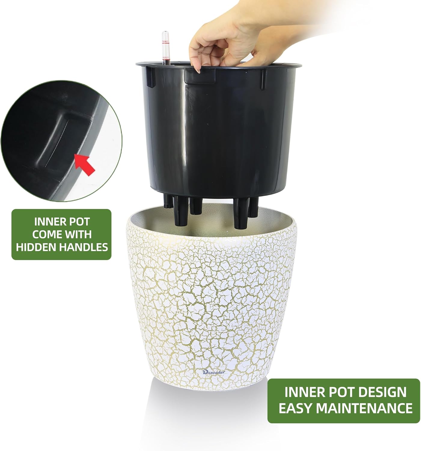 Dexceder 9x8 Inches Self Watering Planter Indoor Outdoor, Inner Pot Design, Thickened Table Flower Plant Pot with Water Level Indicator (White Gold Crackle)