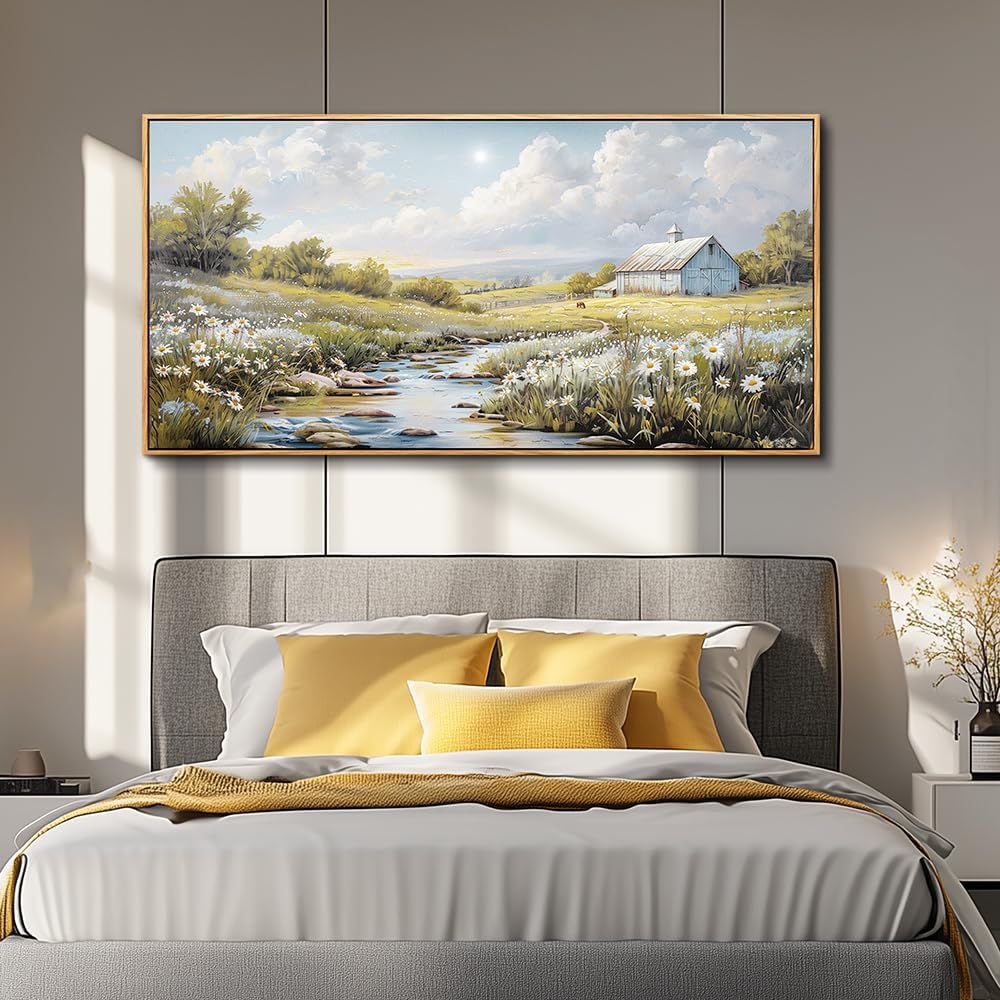 PHAOHUAXM Large Canvas Wall Art For Living Room Wall Decor For Bedroom Flower Watercolour Office Decoration Countryside Scenery Wall Picture Printing Art Painting Home Decor 30x60 In Wood Framed