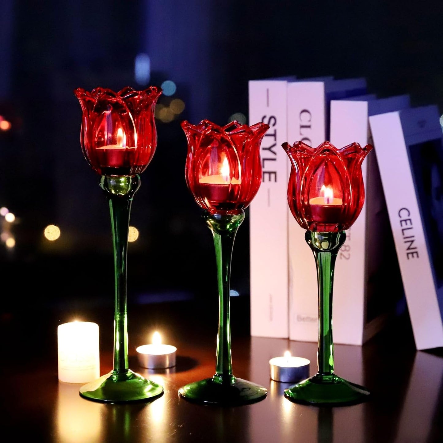 VOHO Red Tulips Candle Holders Gifts for Anniversary, Red Tealight Candle Holder for Christmas Holiday Valentines Decorations, Tulip Tea Light Candle Holders Glass Decor for Romance Tabletop(Set of3)