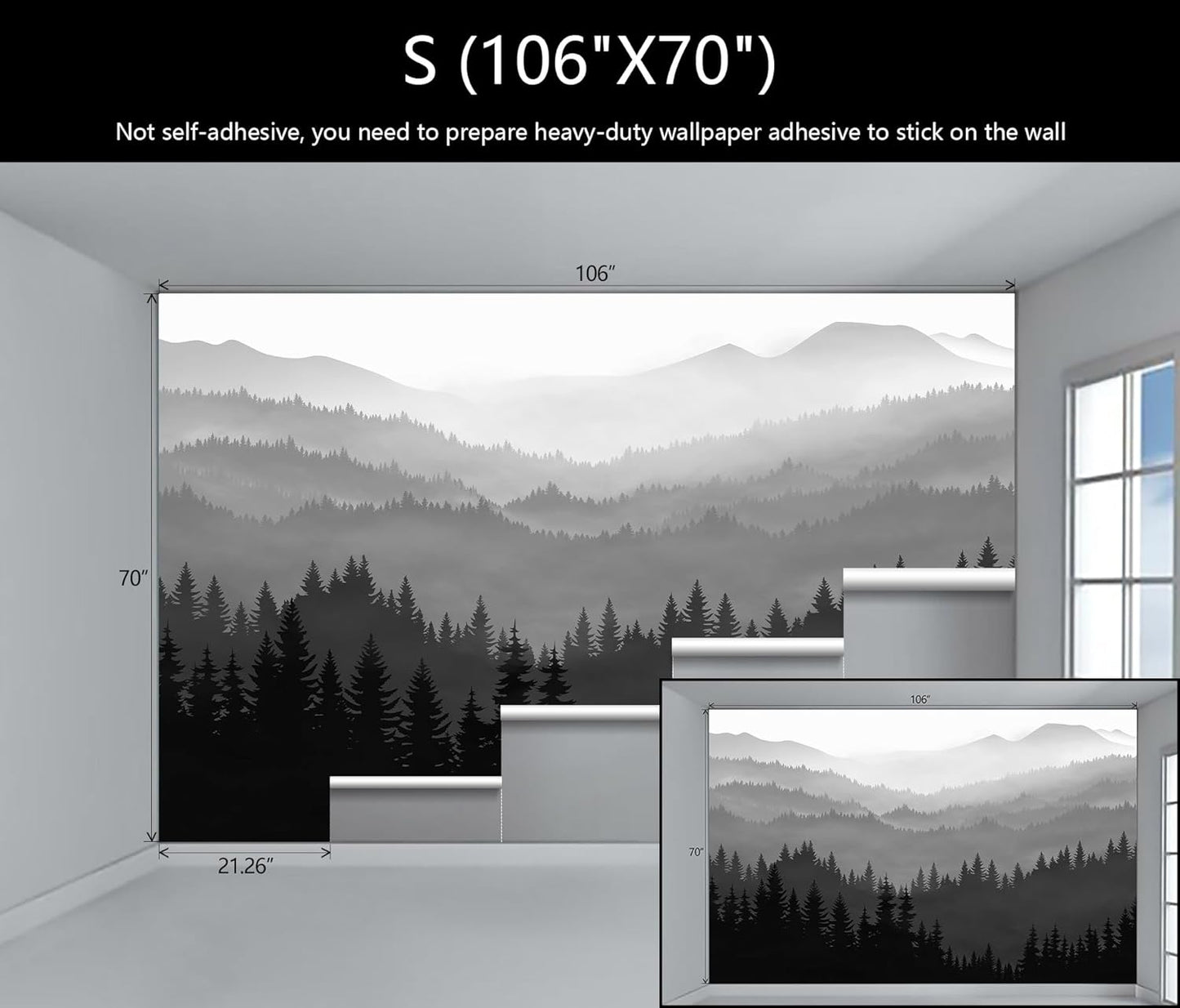 WFBHUA-Black and White Forest Mountain Wallpaper Gray Woodland Nature Landscape Wall Paper Mural for Bedroom Living Room(Not Peel and Stick)
