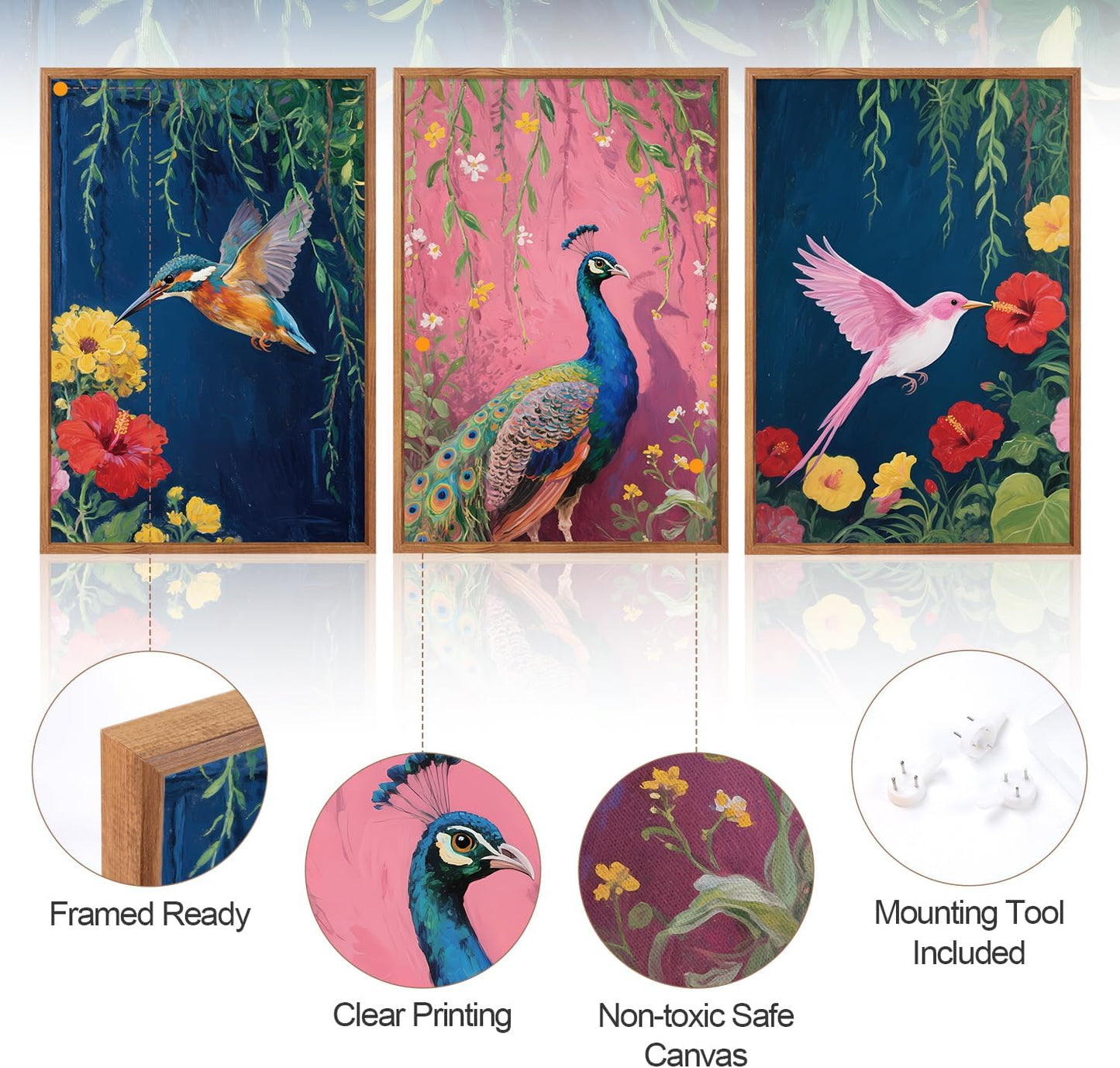 Aurlan Colorful Birds Flowers Framed Wall Art(16"x24"), 3PCS Large Classic Elegance Hummingbird Peacock Canvas Artwork, Vintage Abstract Watercolor Peony Floral Willow Decor for Home Office Bedroom