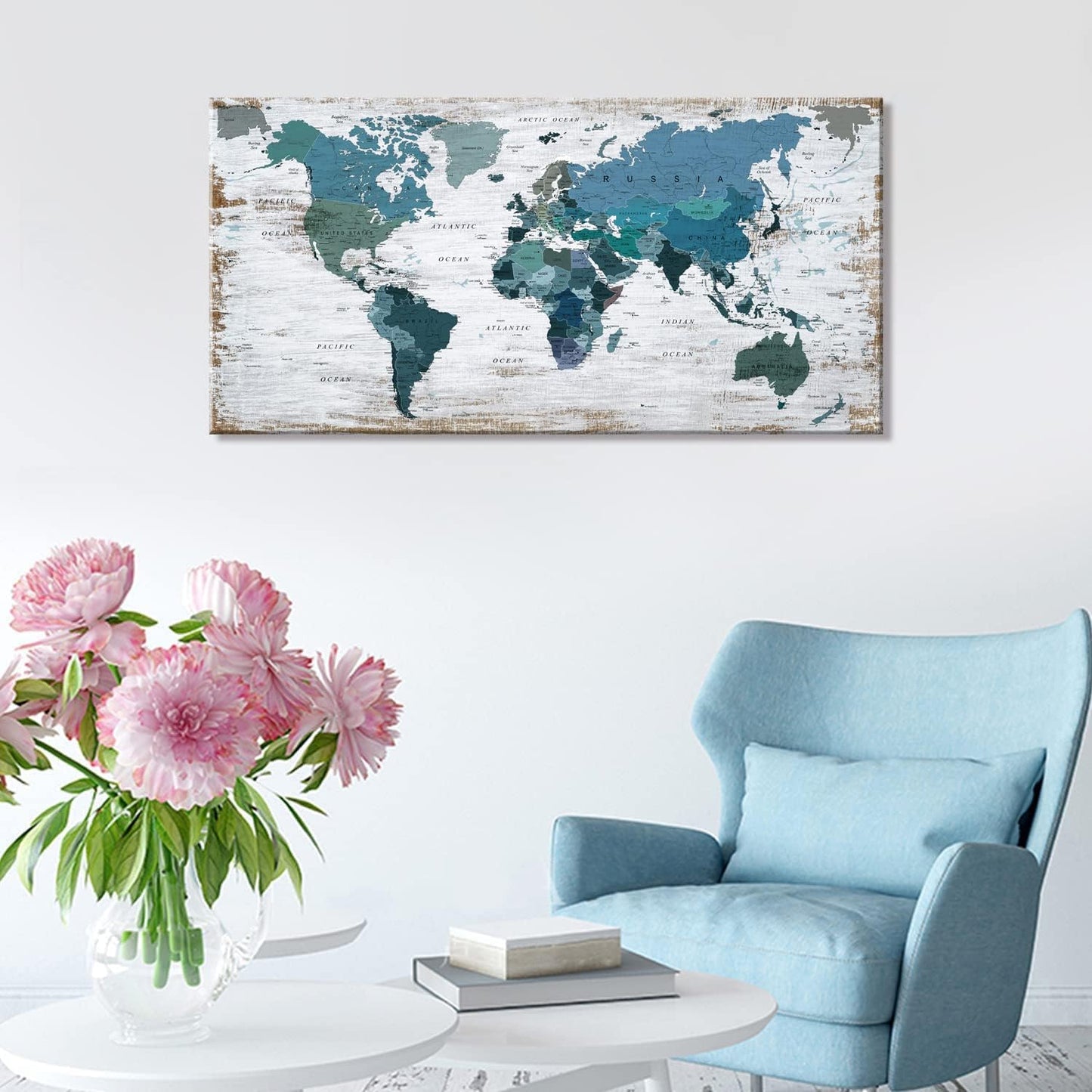 teal world map Wall Art Watercolor Abstract Wall Decal Large Office Canvas Wall Art map of the world 32in"x48in" Painting for Bedroom Wall Decoration for Living Room Blue wall art Artwork for Walls