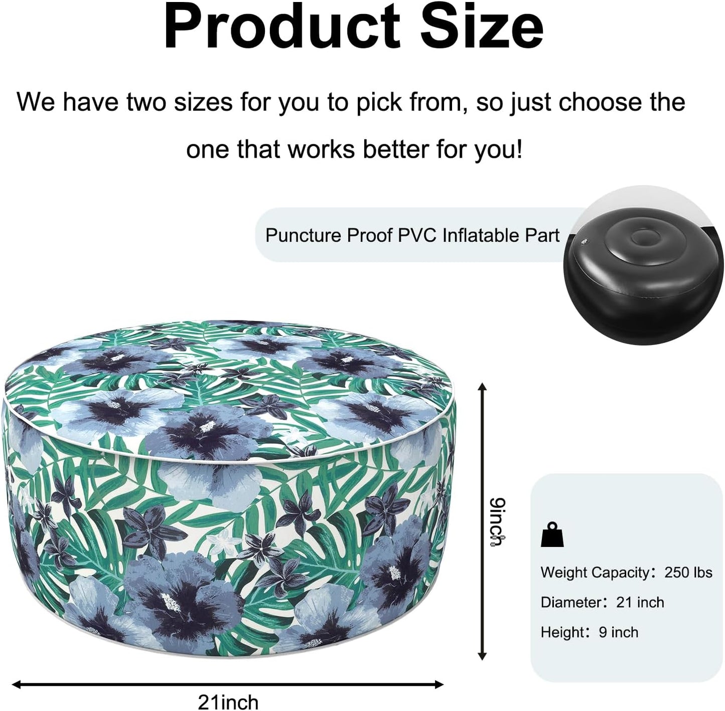 Inflatable Ottoman Stool D21 xH9 for Outdoor/Indoor Use, Water Repellent Patio Foot Rest with Portable Handle,Round Pouf Ottoman Suitable for Garden,Deck and Camping - Blue Salmone Tropical