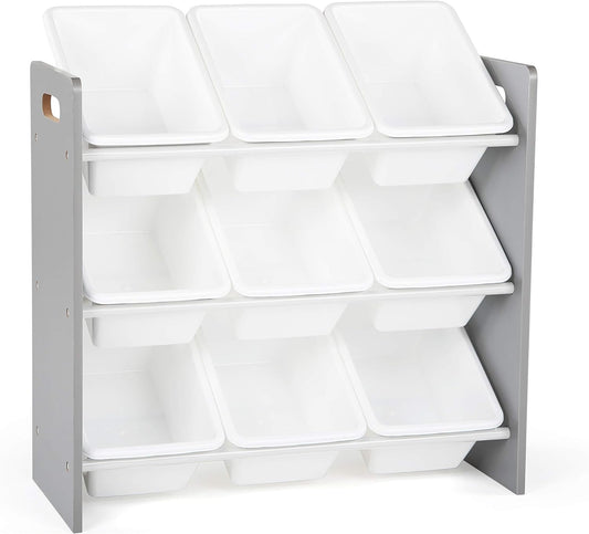 Humble Crew 9-Bin Toy Organizer – Inspire Grey with White Plastic Bins, 3-Tier Storage Solution for Kids' Playrooms and Nurseries