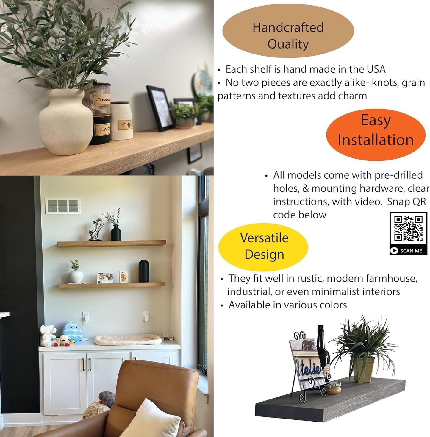 joelsantiques 30 Inch Floating Shelves for Wall - 30x6x2 in - Unfinished Wood Shelf Design, Wooden Wall Shelves for Bedroom, Bathroom, Kitchen and Living Room - Display and Store Your Décor at Home