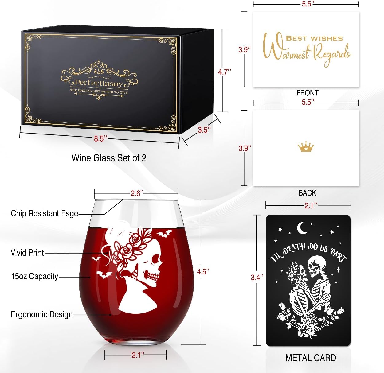 Perfectinsoy Skull Wine Glass 2 Piece with Gift Box, Zombie Design, Valentine's Day Autumn Halloween, Anniversary Wedding Gifts, Couple Gifts for Boyfriend and Girlfriend. (Skull Set of 2 A)