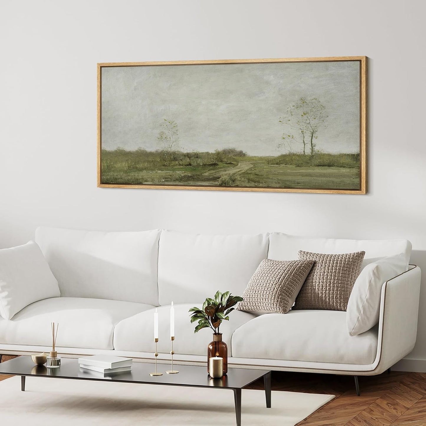 MUDECOR Extra Large Framed Canvas Print Wall Art Soft Pastoral Landscape Wall Art with Trees Antique Retro Fine Art Illustrations Decorative Colorful for Bedroom - 60"x30"