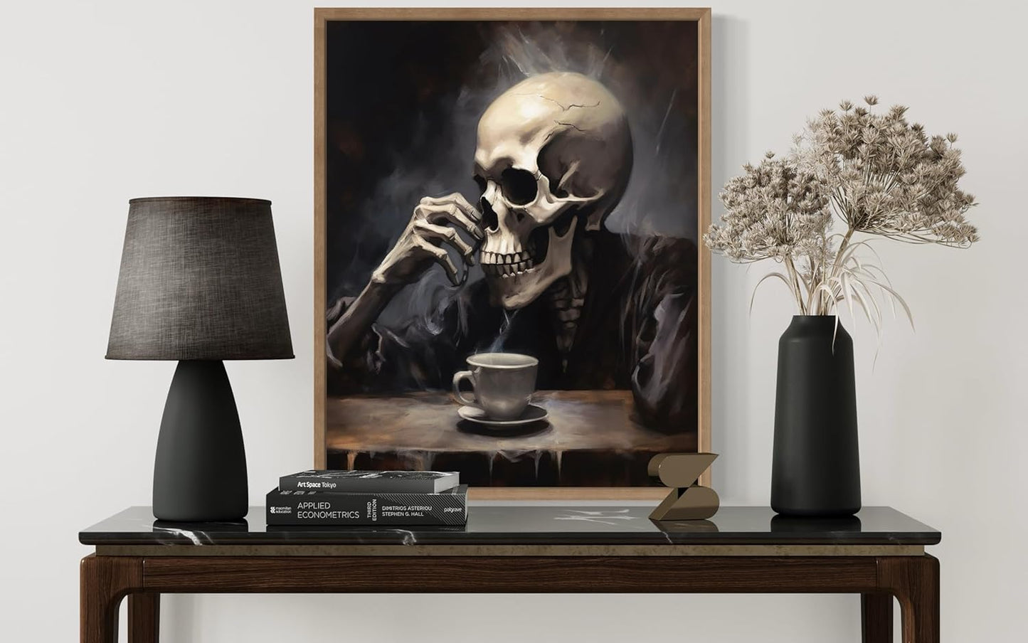 Skull Drinking Coffee Poster Art Print, Halloween Scary Vintage Wall Art Academia Spooky Painting Decoration for Horror Prints, Gothic Posters Bedroom Decor 89 (Skull Drinking Coffee, 8 x 10 inches, Wood Frame)