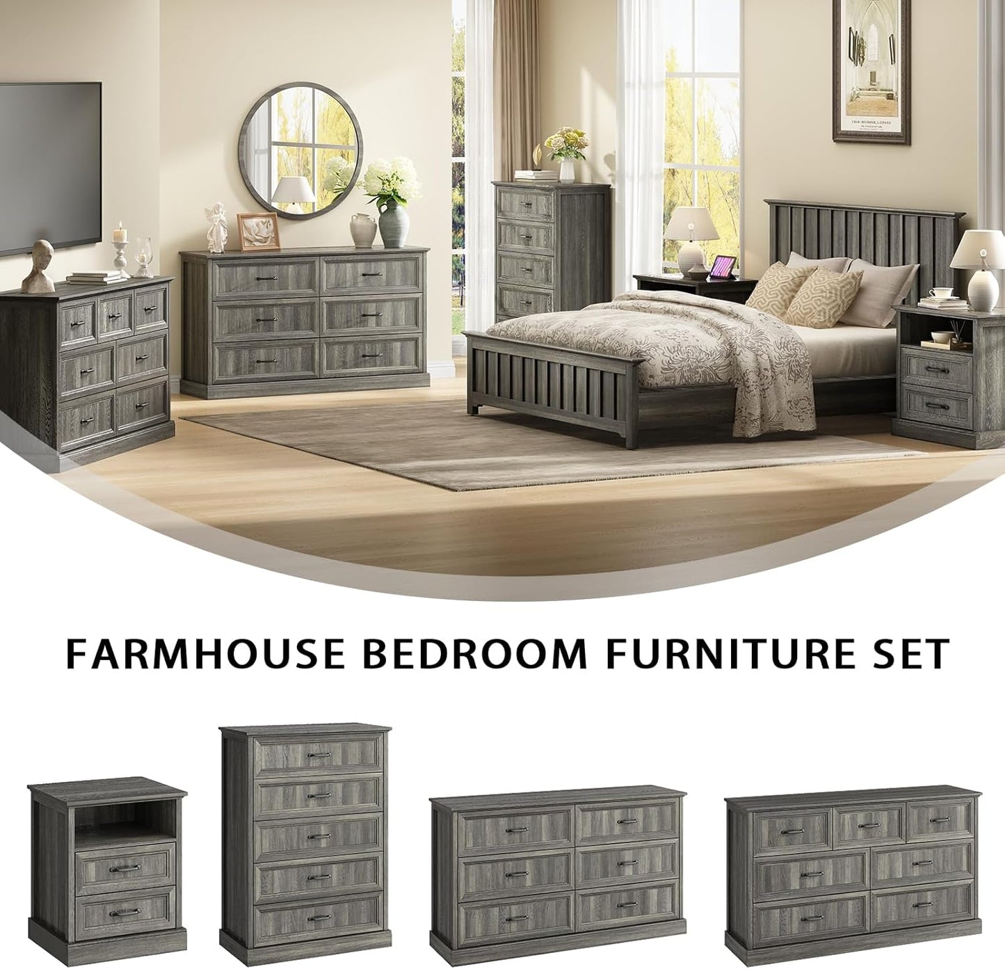 Farmhouse 7 Drawer Dresser for Bedroom, 55 Inch Wide Modern Grey Dresser TV Stand with Large Drawers & Bar Handles, Rustic Wood Chest of Drawers for Bedroom, Living Room, Hallway, Entryway.