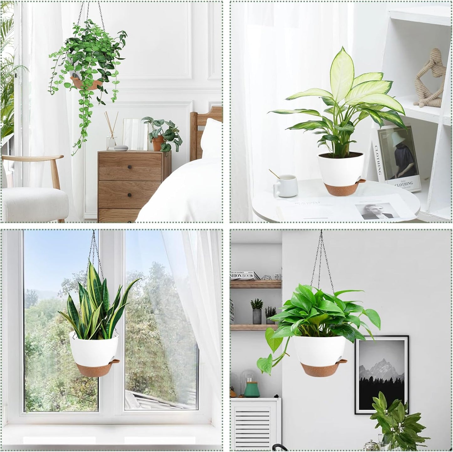 Hanging Planters for Indoor Outdoor Plants, 2 Pack Self Watering Hanging Pot with Drainage Holes & Removable Tray (White, 6'')