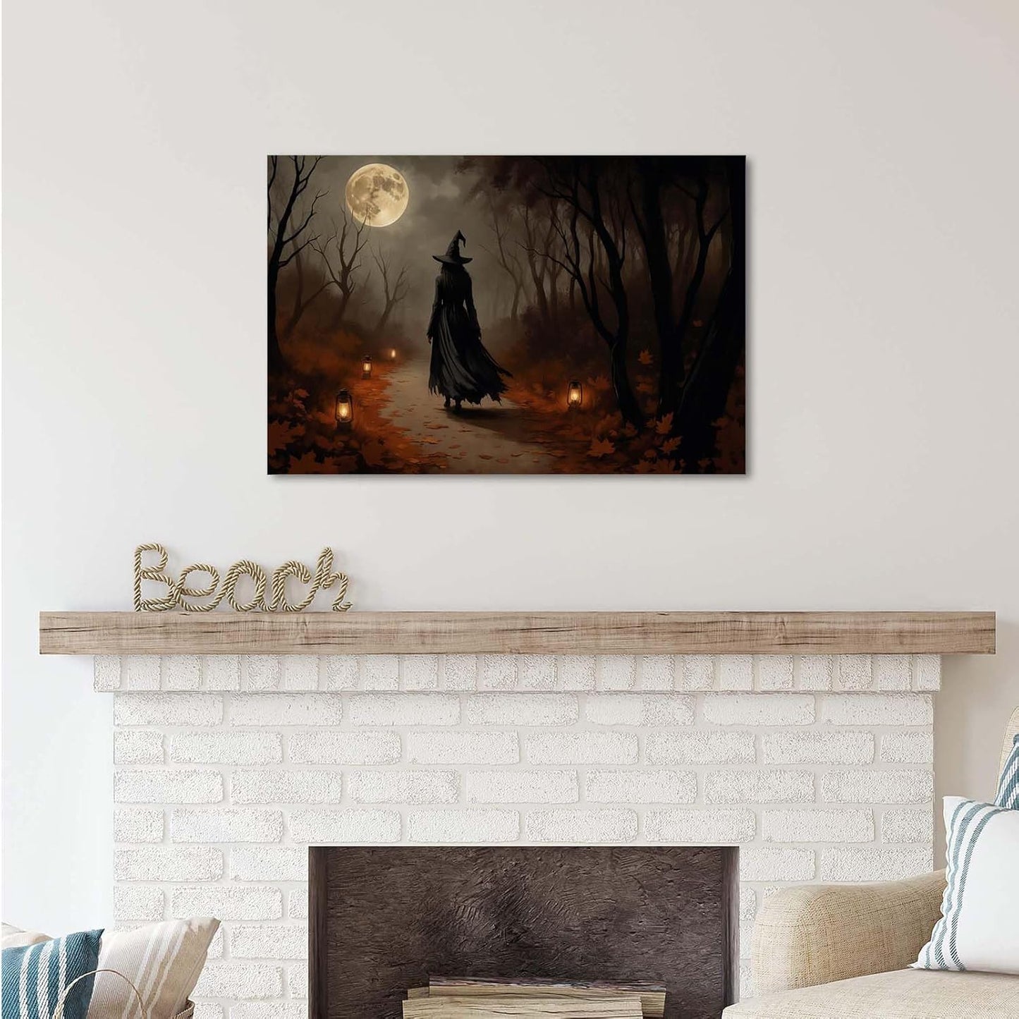 Moonlight witch poster dim lantern Halloween decoration Gothic style dark retro college style canvas wall art suitable for living room bedroom20x30in Wood Framed