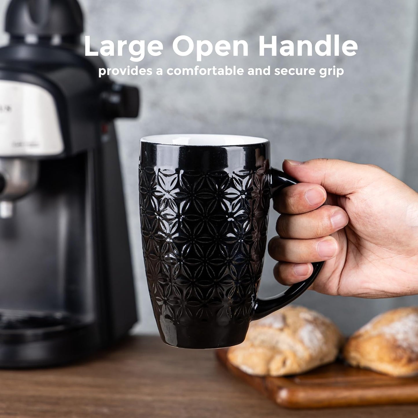 AmorArc Large Coffee Mugs Set of 6, 20oz Ceramic Tall Coffee Mugs Set with Textured Geometric Patterns for Latte/Tea/Beer/Hot Cocoa, Dishwasher & Microwave Safe, Black