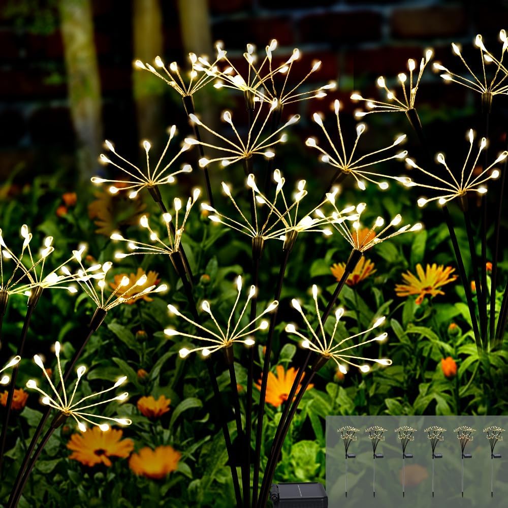 Kwaiffeo Solar Garden Lights Outdoor: Waterproof 2 Modes Twinkling Fireworks Light, Solar Lights for Outside Yard Pathway Garden Decor - Mothers Day Gardening Gifts for Women, Warm White -6Pack
