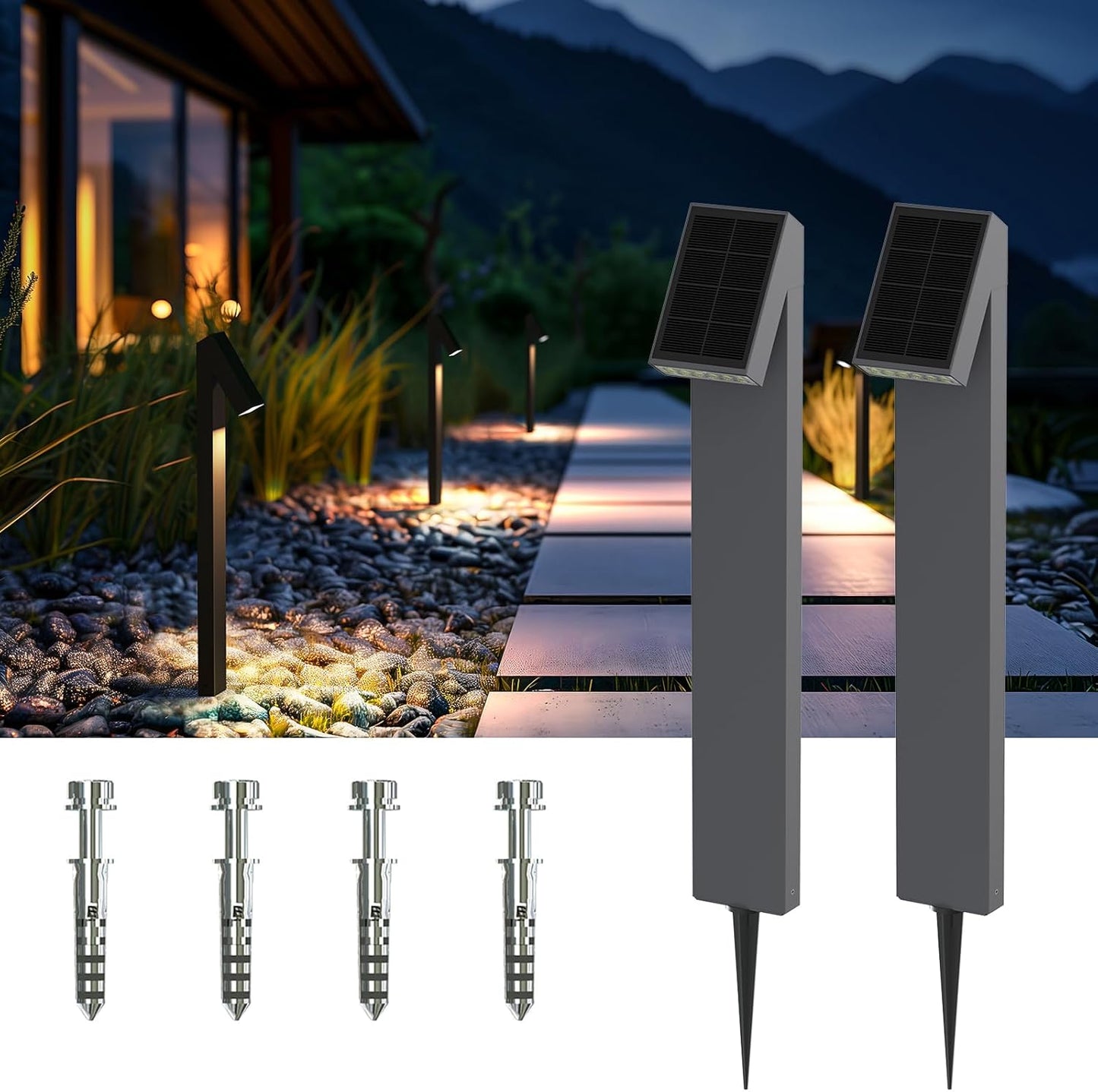 Solar Pathway Lights, Dimmable Metal Solar Landscape Path Lights IP65, 3000K Solars Walkway Light for Outside, Garden Yard Patio Path Lawn Decor, 2pcs