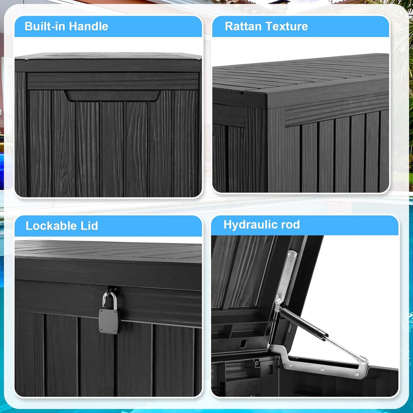 Vixzen 180 Gallon Resin Deck Box, Lockable Outdoor Storage Box for Patio Cushions Storage Furniture,Garden Tools, Pool Supplies, Weatherproof and UV Resistant- Black