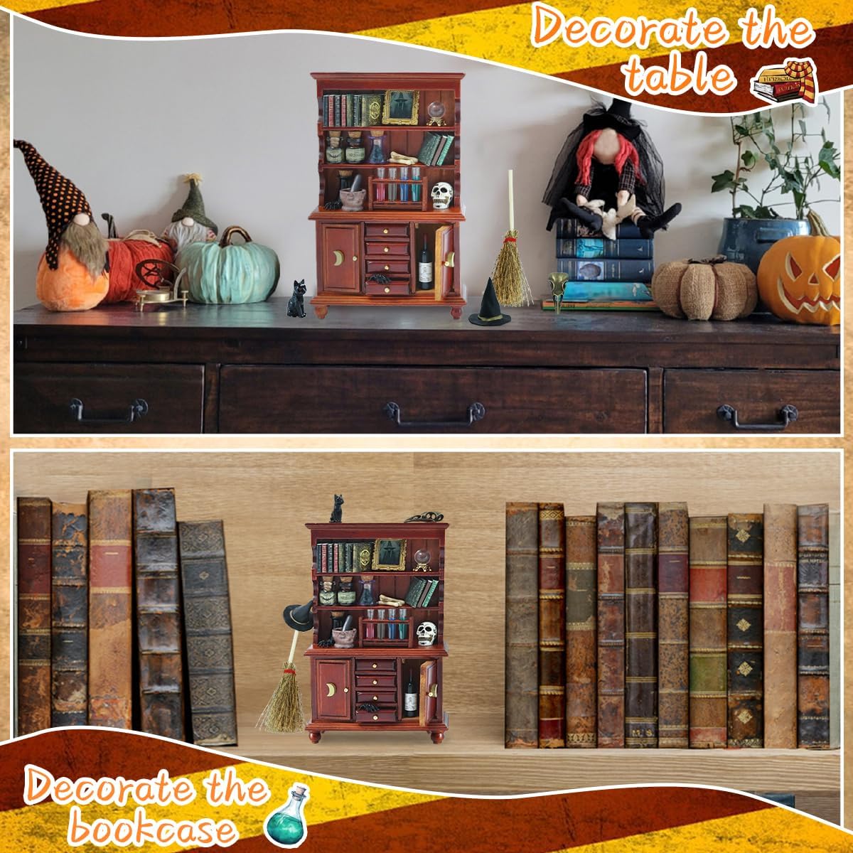 Dollhouse Miniatures 1/12 Scale Accessories, Wooden Bookshelf Furniture Set - Magic Bottle&Potion, Witch Frame and Hat, Mini Bookcase, Haunted Dollhouse Halloween Decorations for Kids Gifts