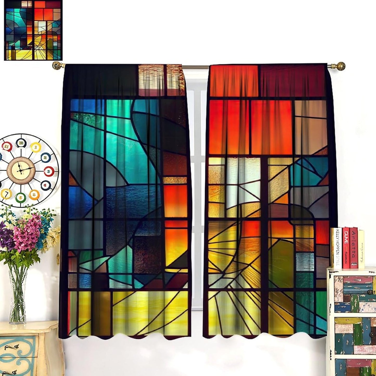 Stained Glass Curtains,Retro Abstract Colorful Geometry Textures Art Home Decor Drapes for Bedroom Living Room Kitchen Window Treatment 2 Panels Set Total Size 55" W X 63" L Inch