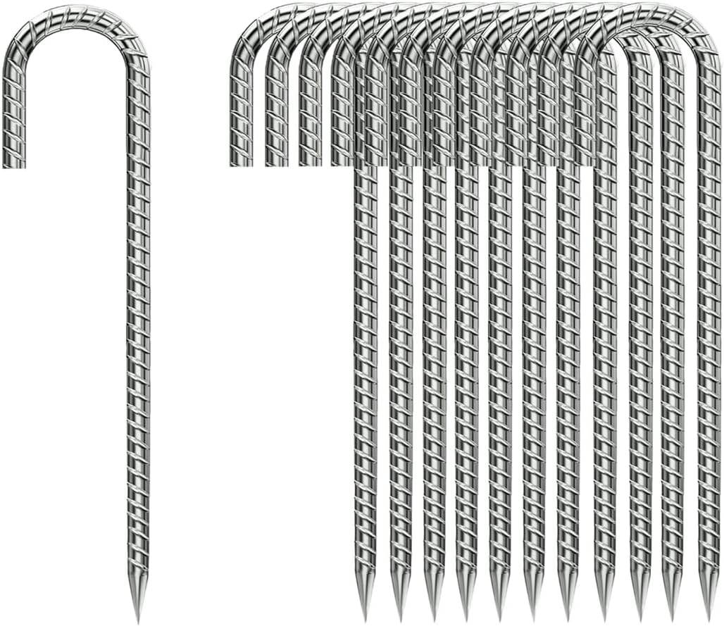 Ground-Stakes-Heavy-Duty-12 inch, J-Hook Rebar Stakes Galvanized Anti-Rust 20pcs Garden Stakes Metal Ground Anchors for Garden Dog Fence Chicken Coop Christmas Decorations Deer Fence