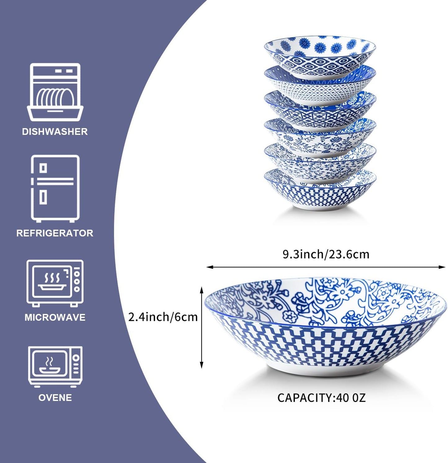 Ceramic Pasta Bowls Set - 40 Oz Porcelain Large Salad Bowls Serving - 9 Inch Wide Shallow Plate Bowls for Eating - Housewarming Wedding Gift - Oven Dishwasher Safe - Set of 6 - Vintage Blue