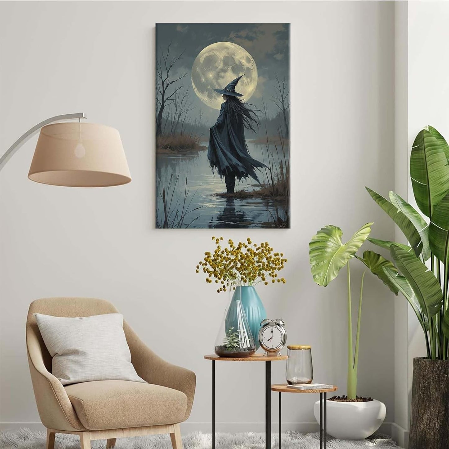 Witch in the moonlight magic canvas wall art enchanting Halloween home decor swamp witch silhouette oil painting mysterious gothic aesthetic wall decor print poster28x40in Wood Framed