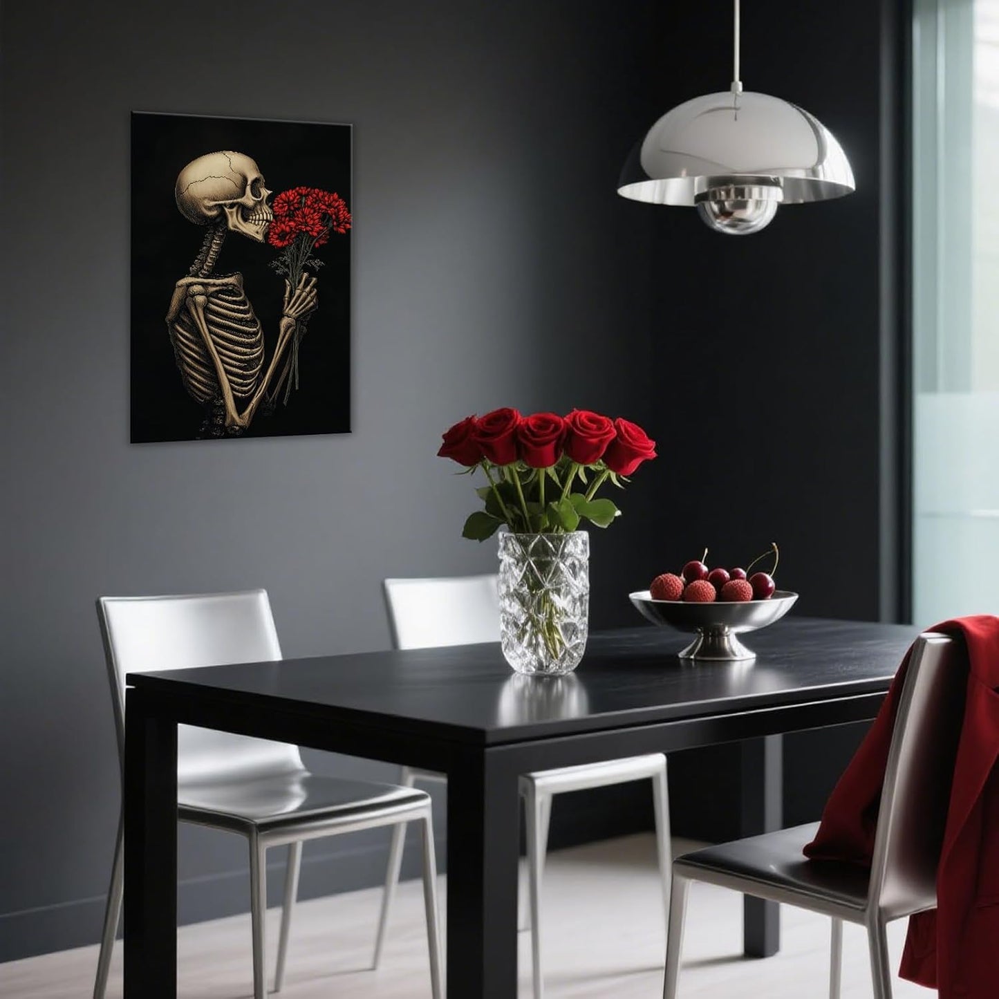 OAAPITI Red Rose Skull Wall Art Dark Themed Skeleton Painting Modern Artwork for Gothic Home Decor(Artwork-5,20"x30")