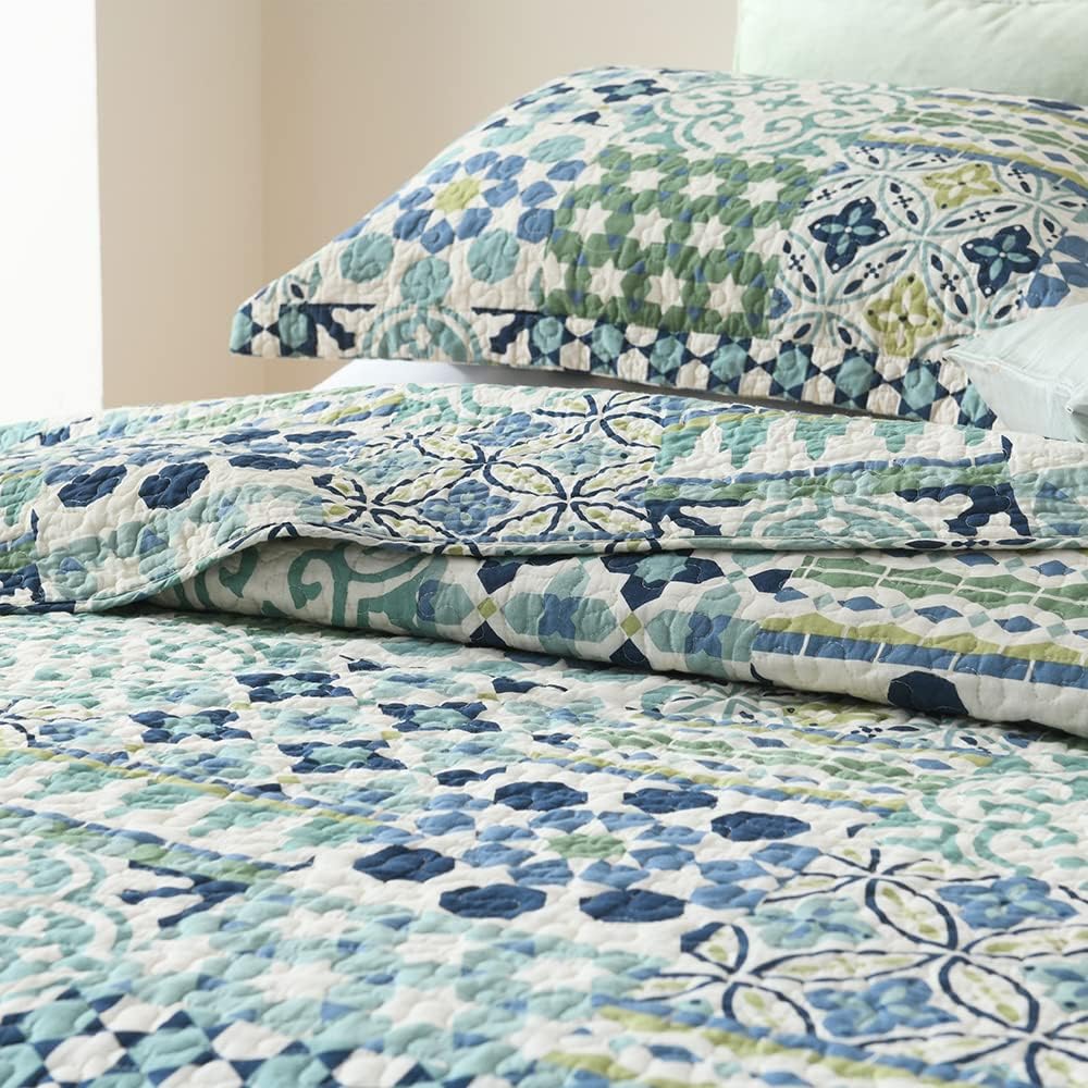 Cotton Bedspread Quilt Sets Reversible Coverlet Sets Comforters Vintage Bohemian Patchwork Bedspread (Green, King Size)
