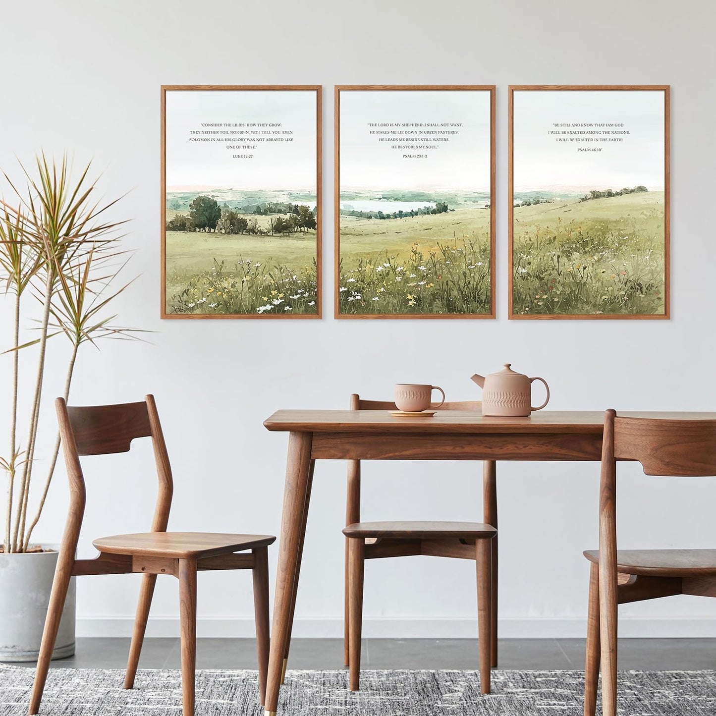KAIRNE Scripture Christian Canvas Wall Art,Bible Verse Prints Set of 3(16”X24”),Modern Scripture Floral Wall Decor,Framed Green Countryside Field Paintings for Living Room Bedroom Ding Room Decor