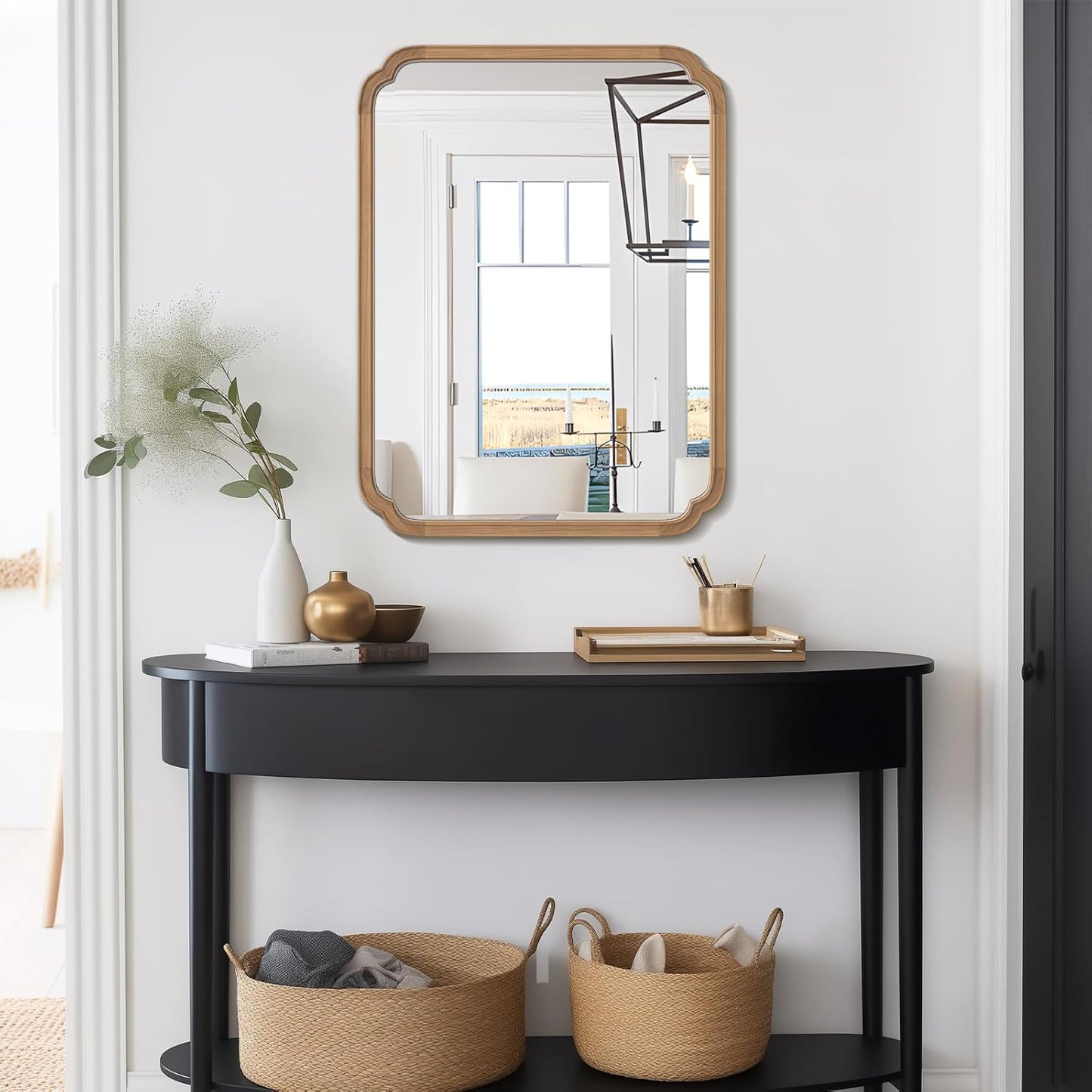 WallBeyond 30" x 40" Rounded Corner Arch Wall Mirror with Wood Frame for Entryway, Living Room or Bedroom Home Decor - Light Woodgrain [30 x 40 inches, Honey-Colored]