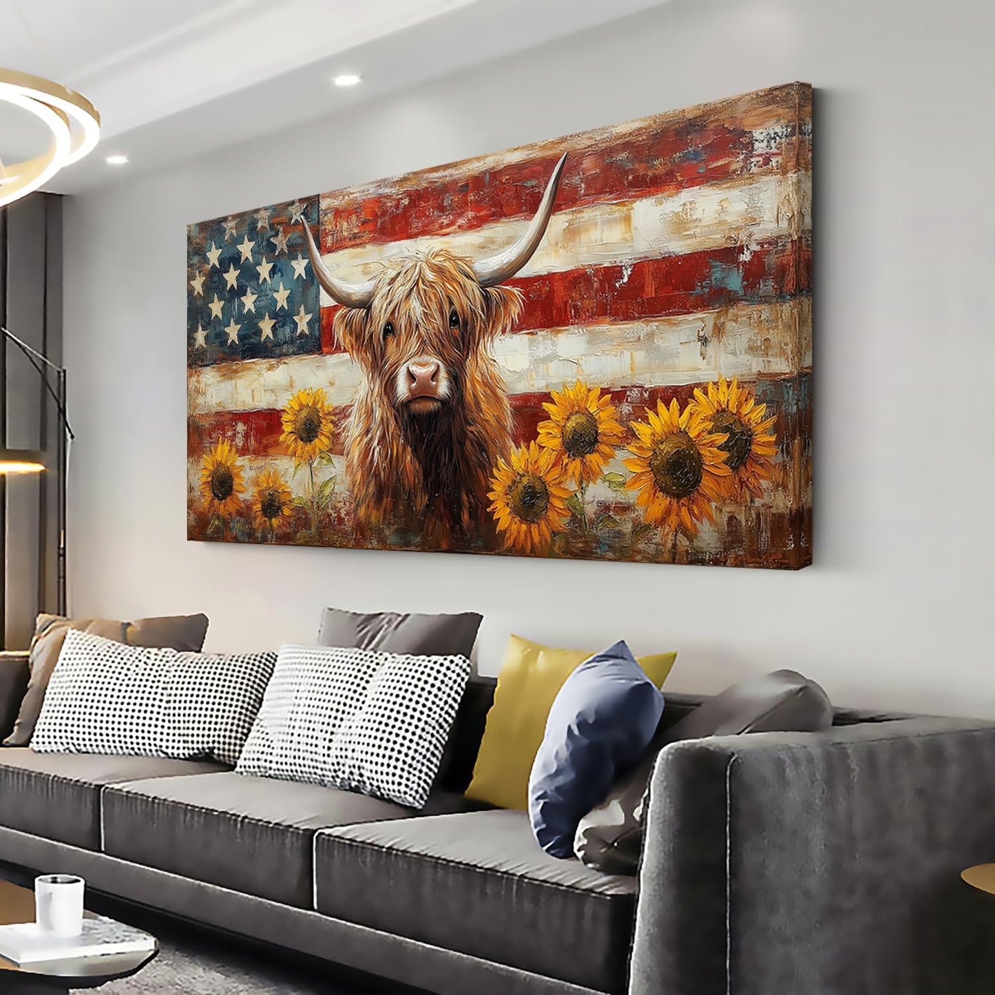 LASMOND Country Highland Cow Wall Art for Living Room Rustic Retro Vintage American Flag Sunflower Canvas Painting Prints Highland Cattle Artwork Farmhouse Bedroom Office Decor (46x23 Inches)
