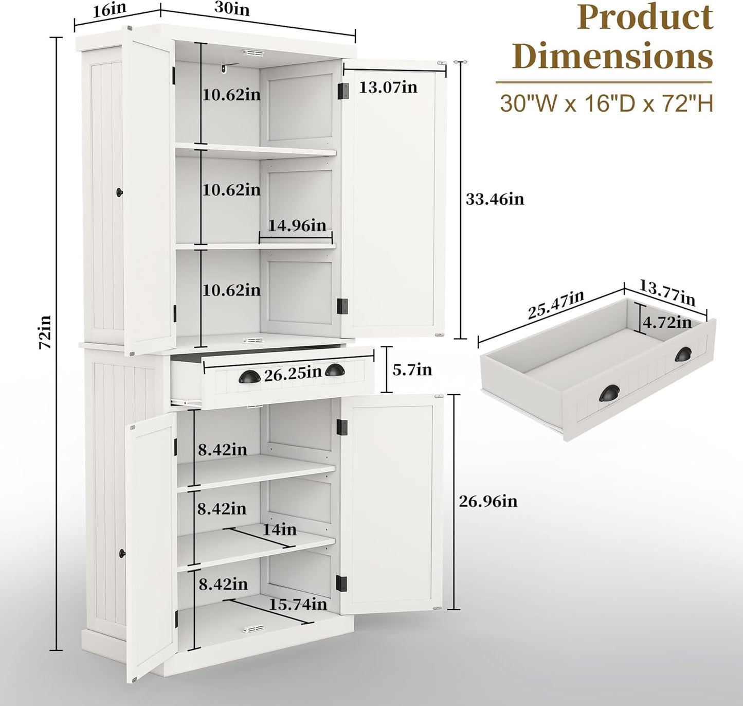 ARTPOWER 72" Tall Kitchen Pantry Storage Cabinet with Drawer and Adjustable Shelves, Pantry Cabinet for Kitchen, Bathroom or Hallway, White