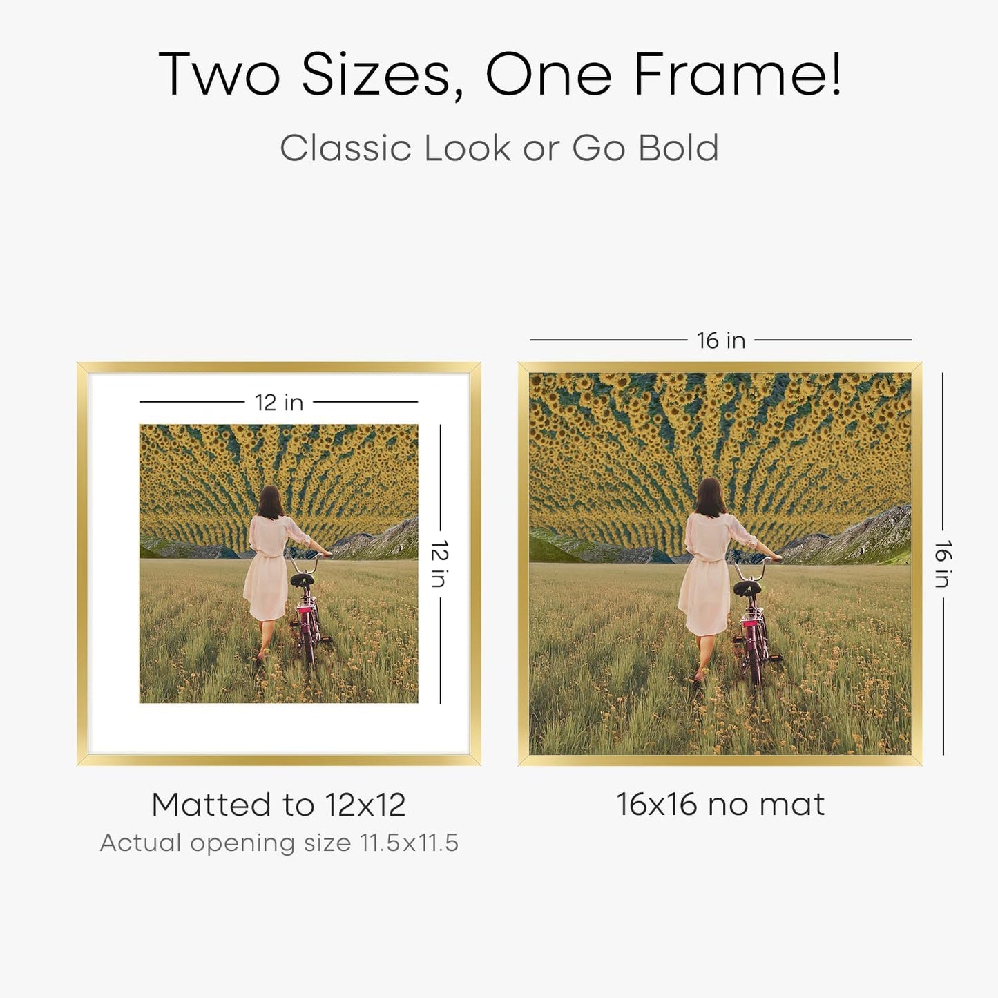 Homeforia 16x16 Picture Frame Gold, High End Metal 16 x 16 Square Poster Frame with Mat 12 x 12 Photo, 16x16 Frame Matted to 12x12 Print, 16by16 Gold Hanging Frames, Tempered Glass, Wall Kit, Set of 1