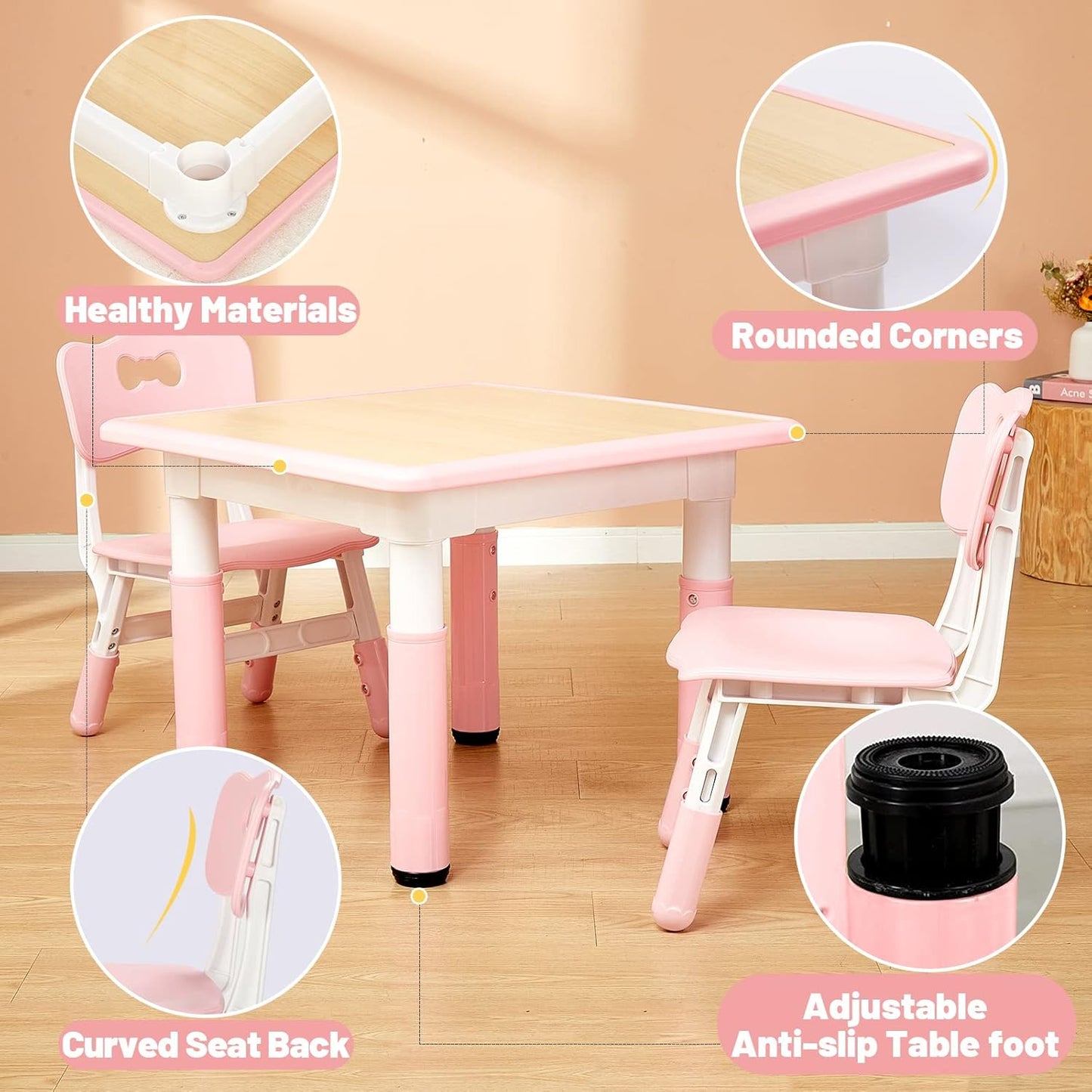 FUNLIO Kids Table and 4 Chairs Set, Height Adjustable Toddler Table and Chair Set for Ages 3-8, Easy to Wipe Arts & Crafts Table, for Classrooms/Daycares/Homes, CPC & CE Approved (5-Piece Set) - Pink