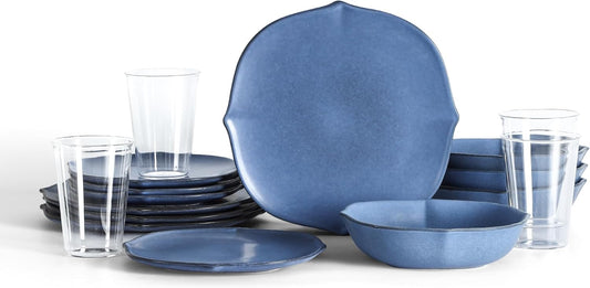 Stone Lain Baskerville 32-Piece Dinnerware Set Stoneware, Borosilicate Glass, Blue